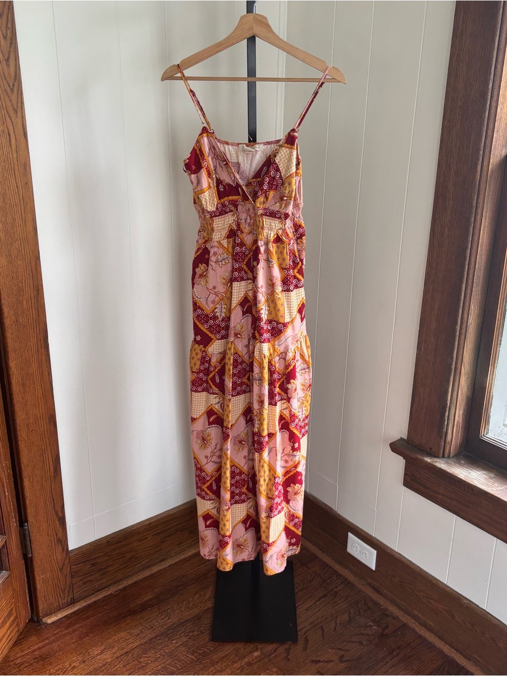 Monteau LA Patchwork Print Boho Maxi Dress Red Linen Blend Smocked Women’s M